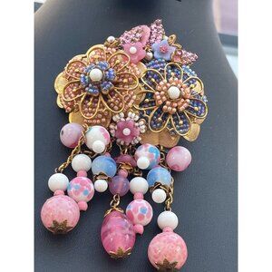 Vintage Stanley Hagler Artisan Glass Bead Filigree Statement Brooch W/ Dangling